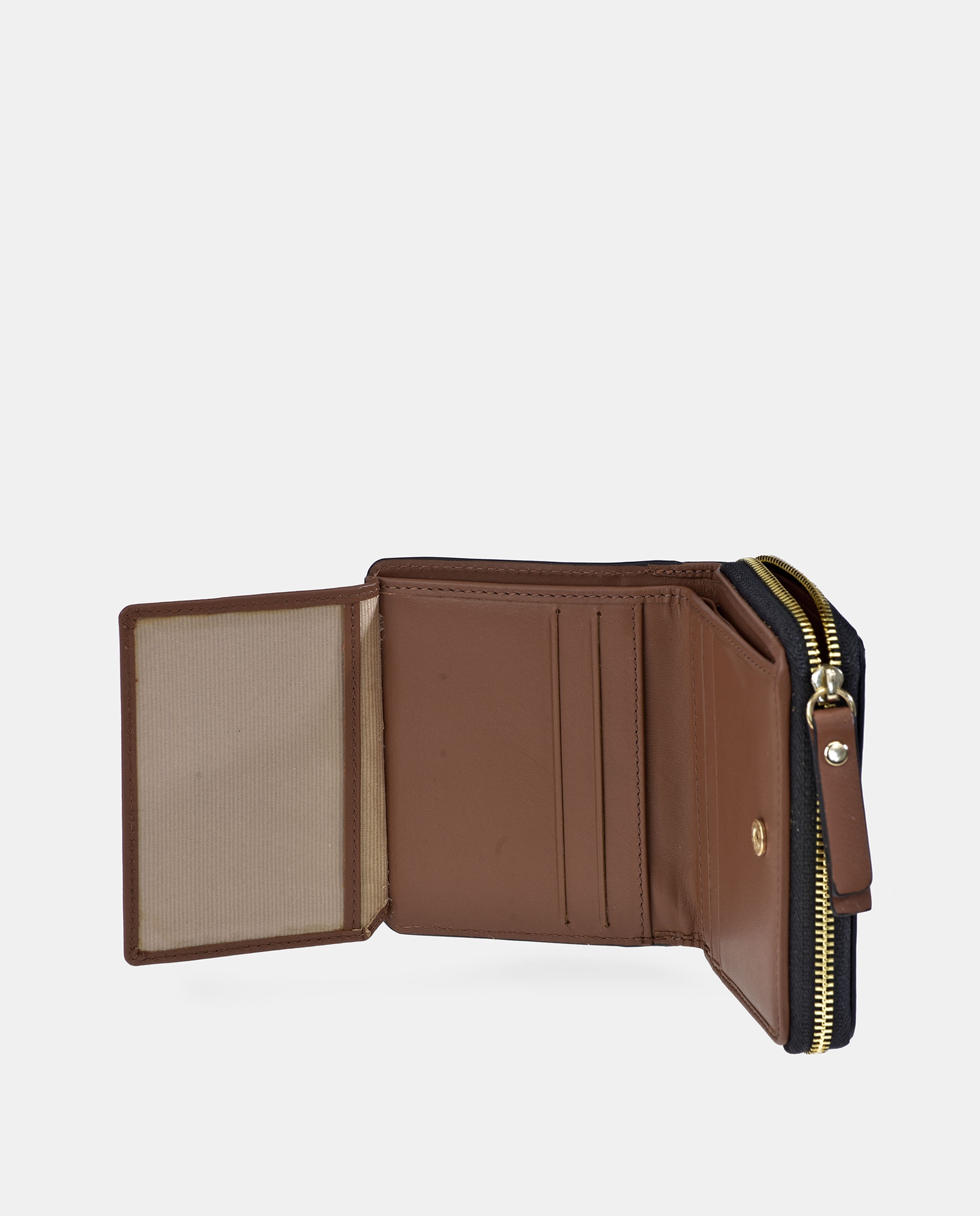 Porta-Moedas Pequeno com Fecho de Correr e em Pele Castanho-claro-2