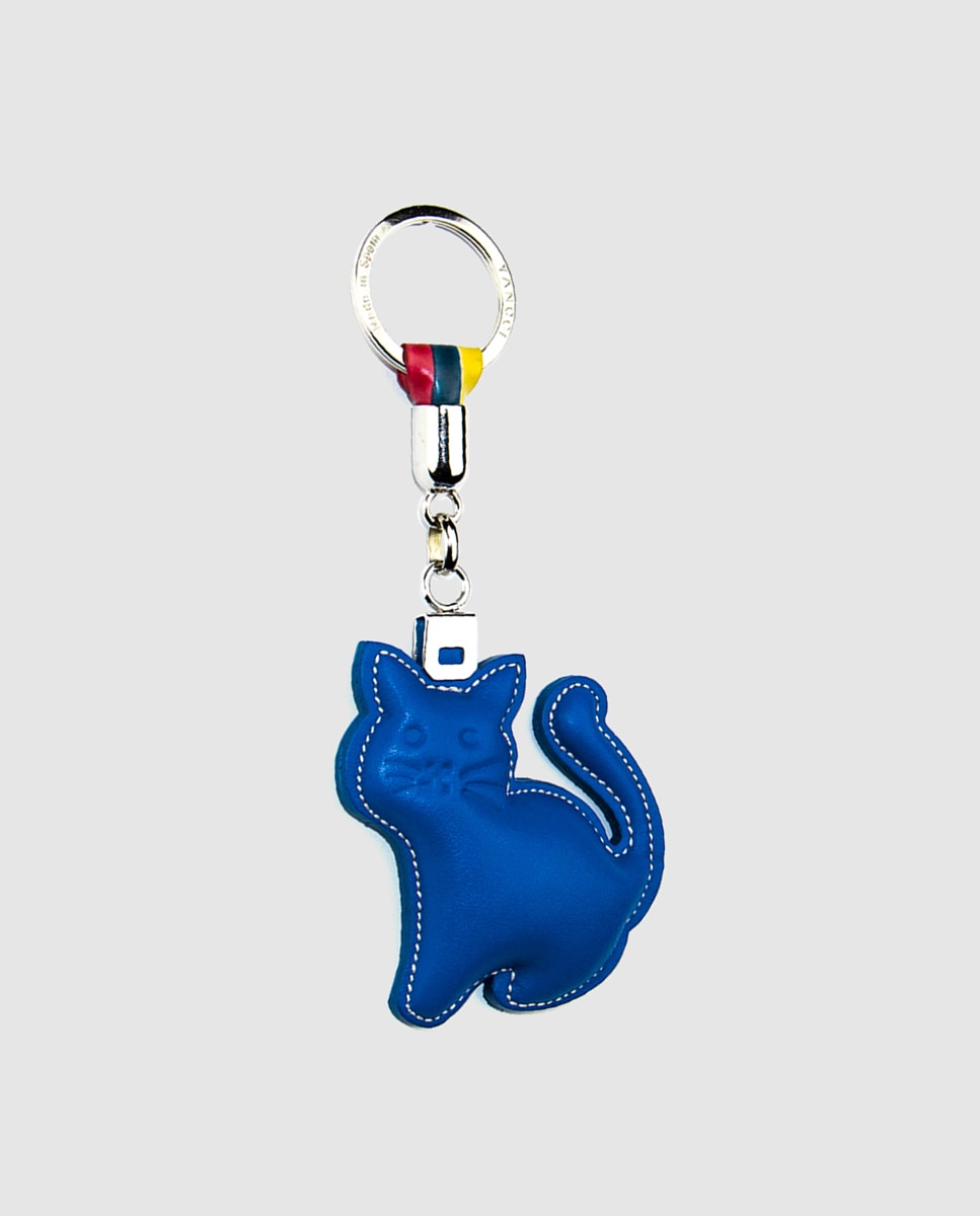 Porta-chaves em pele com forma de gato Azul-1