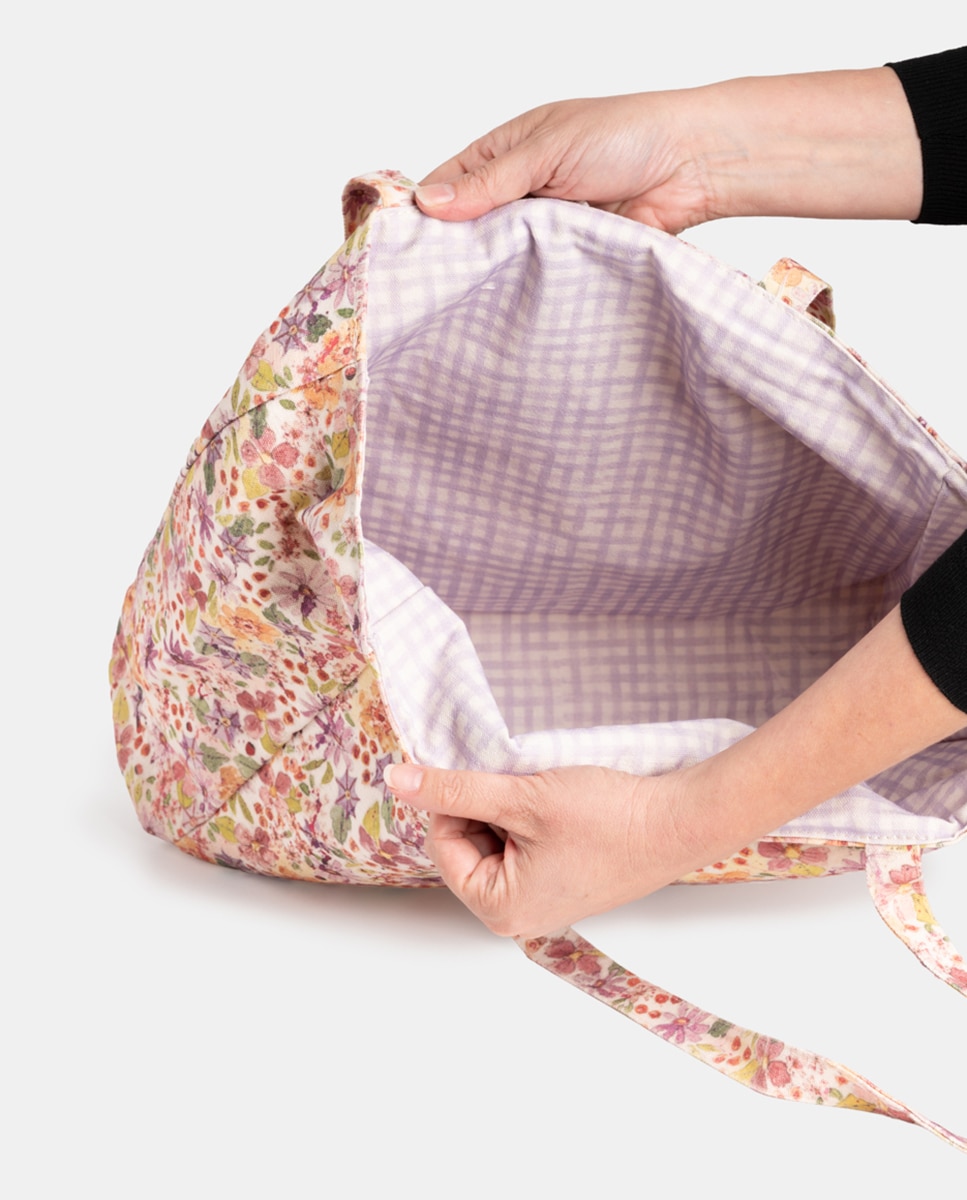 Mala Reversível com Estampado Floral e Vichy Rosa-2
