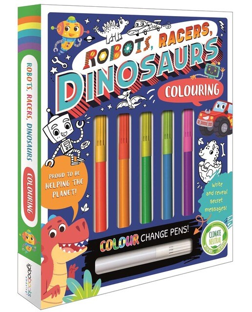 Robots, racers, dinosaurs colouring 1