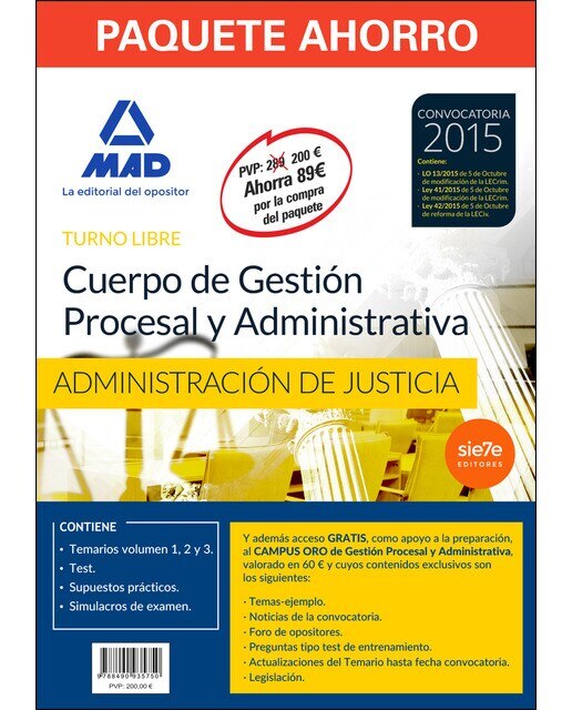 Paquete Ahorro Cuerpo de Gestión Procesal y Administrativa de la Administración de Justicia. Turno Libre. Convocatoria 2015
