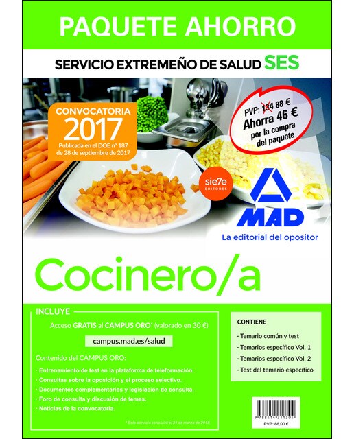 Paquete ahorro cocinero-a del servicio extremeño de salud. Ahorro de 46 €