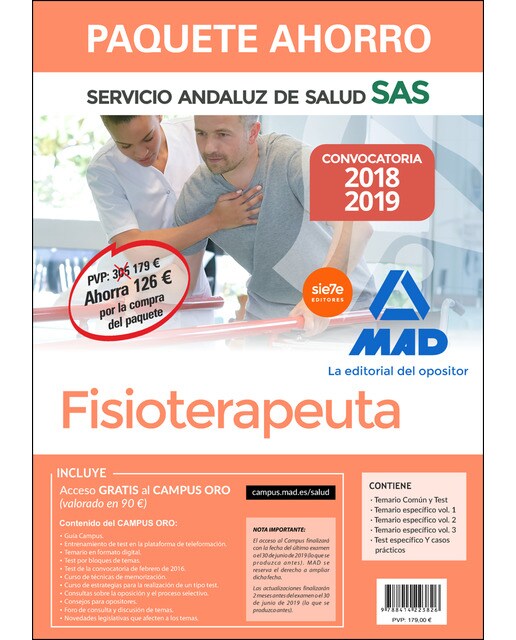 Paquete ahorro fisioterapeuta del servicio andaluz de salud. Ahorra 126 € incluye temario común y test; temarios específic