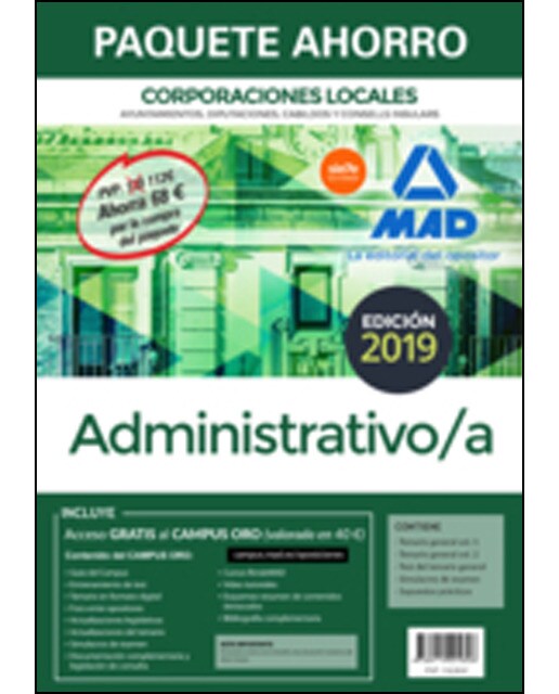 Paquete ahorro administrativo de corporaciones locales. Ahorro de 68 € incluye temario general volúmenes 1 y 2; test del t