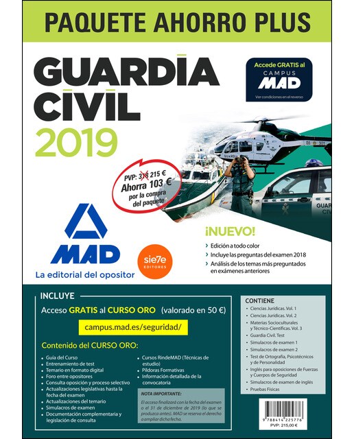 Paquete ahorro plus guardia civil 2019. Ahorra103 € incluye temarios 1, 2 y 3; test; simulacros de examen 1 y 2; simulacro