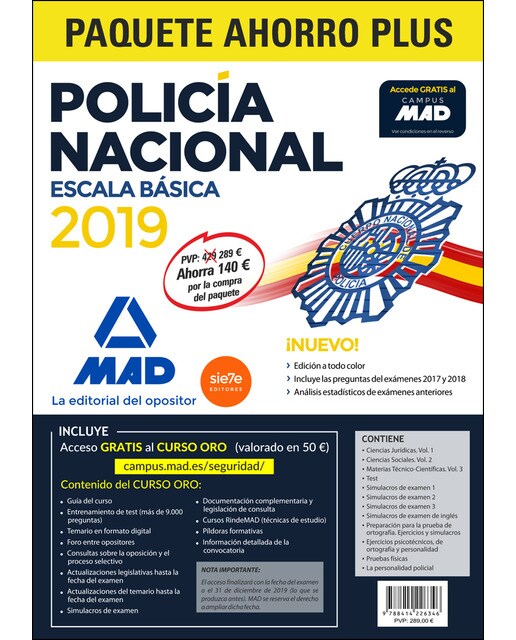 Paquete ahorro plus escala básica policía nacional 2019. Ahorra 140 &amp;#x020ac; temarios 1, 2 y 3; test; simulacros 1, 2 y 3; ejerci