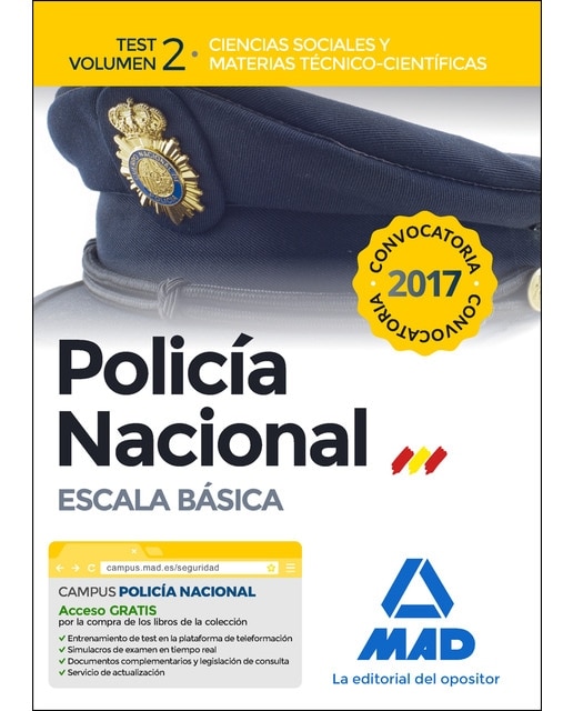 Policía nacional escala básica. Test volumen 2 ciencias sociales y materias técnico-científicas