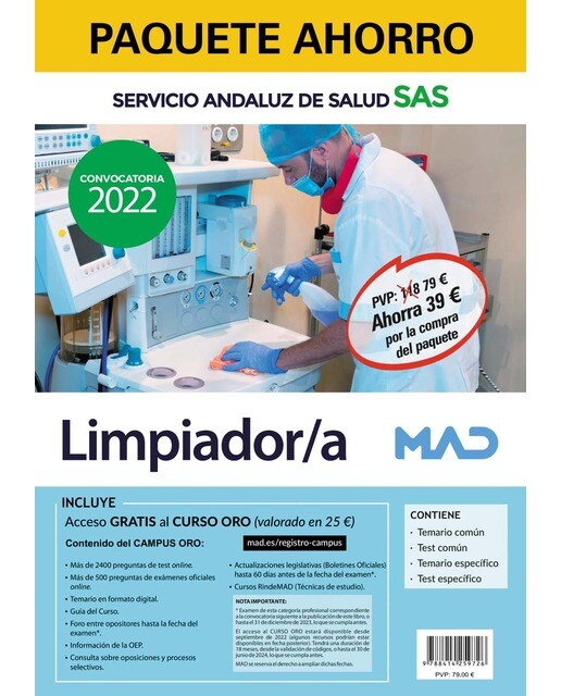 Paquete Ahorro Limpiador-a del Servicio Andaluz de Salud . Ahorra 39&amp; incluye Temario común; Temario específico; Test común; Test