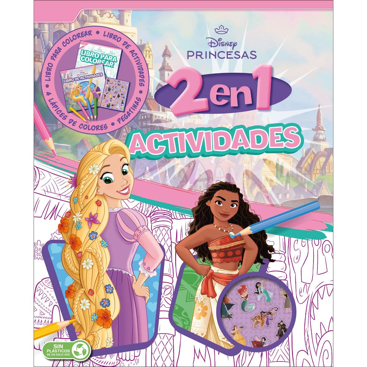 Princesas. Actividades 2 en 1: Libro para colorear, actividades, lápices y pegatinas