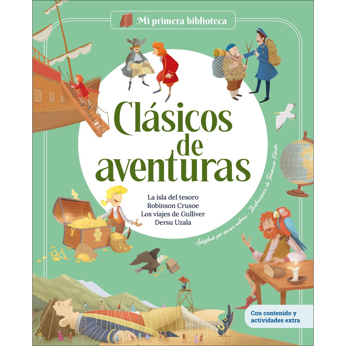 Clásicos de aventuras: La isla del tesoro - Robinson Crusoe - Los viajes de Gulliver - Dersu Uzala | Libro infantil con juegos y activida (Capa dura) 1