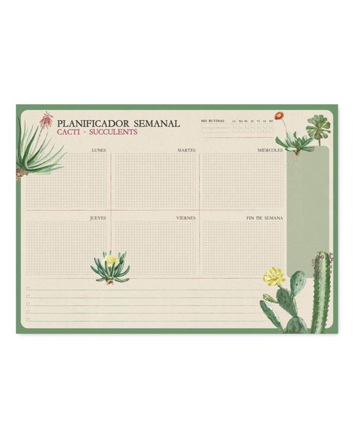 Bloco Planificador Semanal Botanical Cacti Espanhol A4 - Verde e Bege Verde / Bege-1