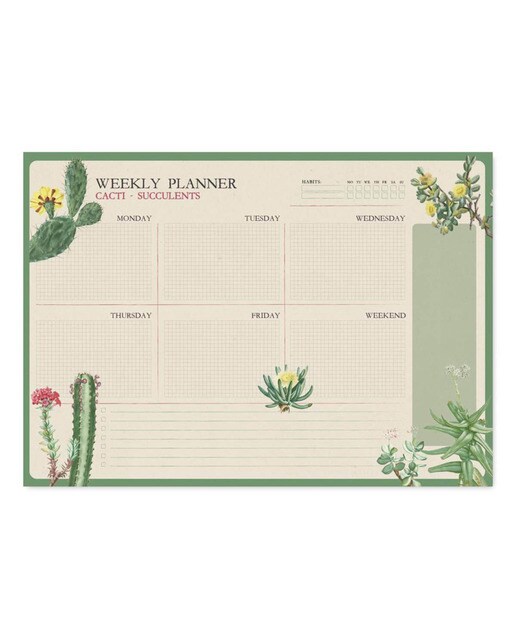 Bloco Planificador Semanal Botanical Cacti Inglês A3 - Branco Branco / Verde-1