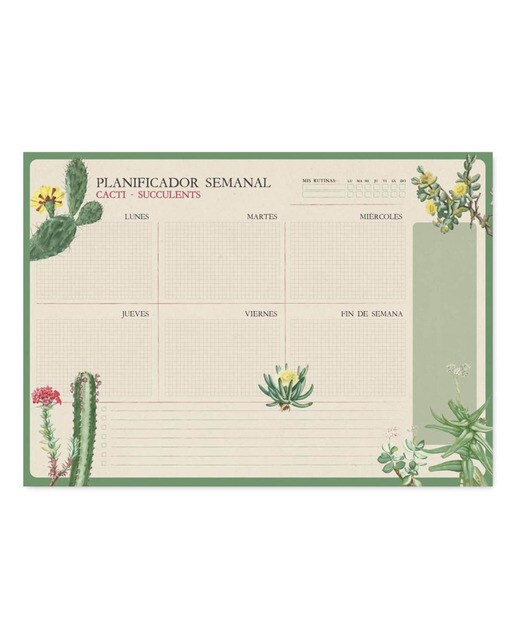 Bloco Planificador Semanal Botanical Cacti Espanhol A3 - Branco Branco / Verde-1