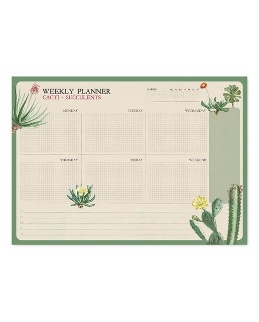 Bloco Planificador Semanal Botanical Cacti Inglês A4 - Branco Branco / Verde-1