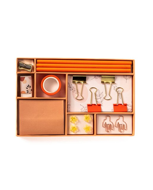 Imagem 0 de Caixa de Presente Papelaria Folhas - Laranja/Multicolor
