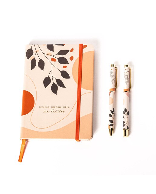Conjunto de Caderno e Esferográficas Folhas - Laranja/Multicolor Laranja / Multicolor-1