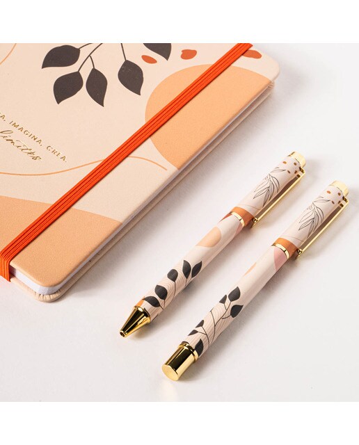 Conjunto de Caderno e Esferográficas Folhas - Laranja/Multicolor Laranja / Multicolor-2