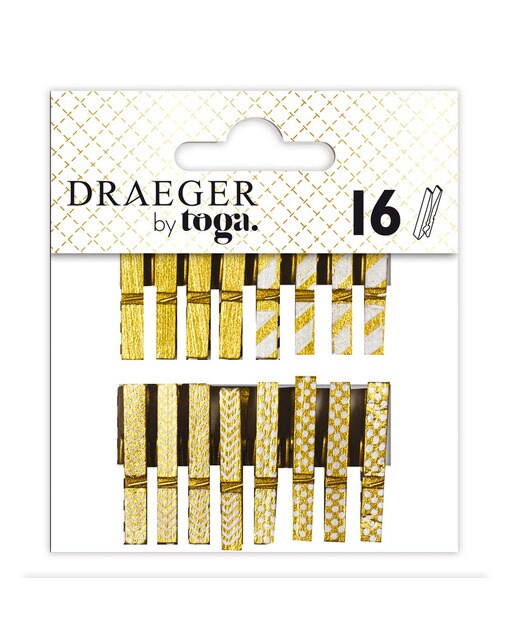 Pack de 16 mini molas de madeira douradas e brancas 1