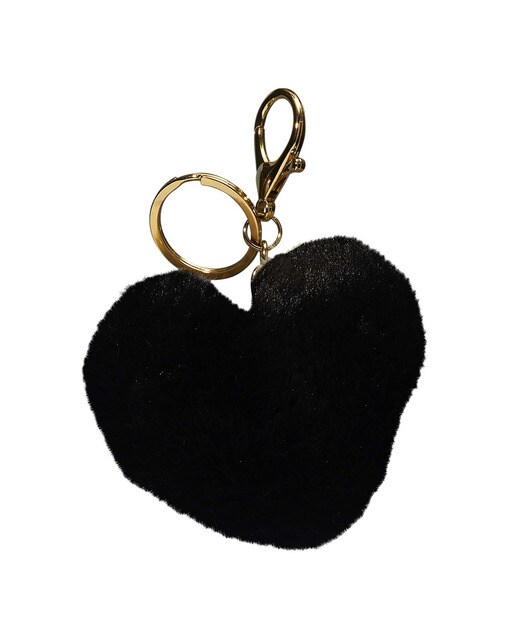 Porta-chaves com gancho metálico e tecido de peluche com forma de pompom pendente. Suave, fofo Coração Preto Preto-1