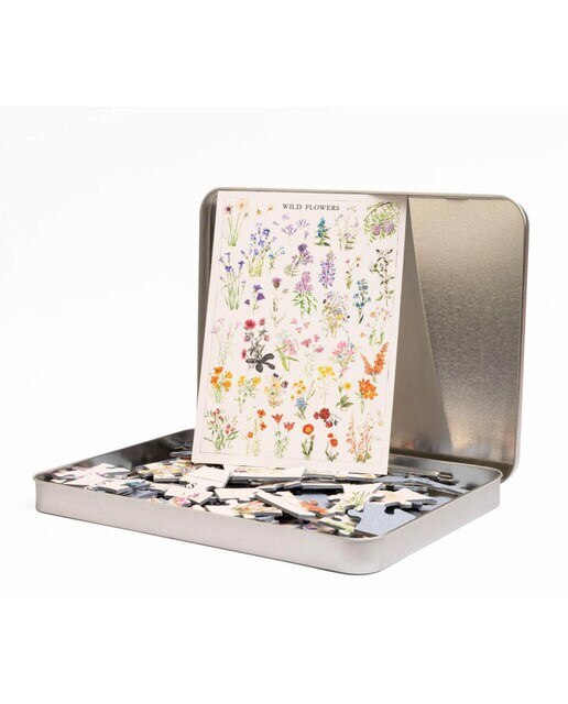 Puzzle 100 Peças com Caixa Metálica Botanical Wild Flowers - Branco Bege / Azul-2