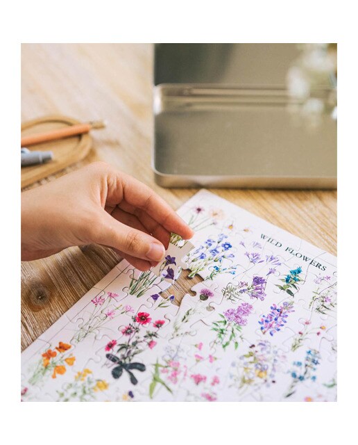 Puzzle 100 Peças com Caixa Metálica Botanical Wild Flowers - Branco Bege / Azul-6