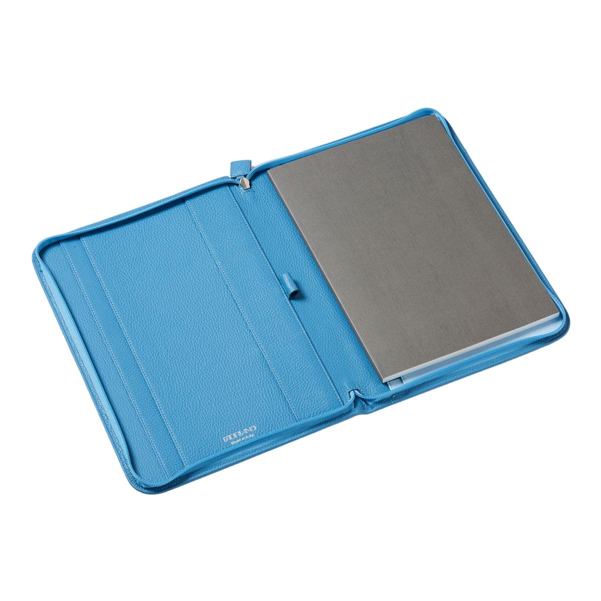 Capa em Pele Azul com Bolsos Interiores e Fecho de Correr. Inclui Bloco de Notas A5 Fabriano Azul-3