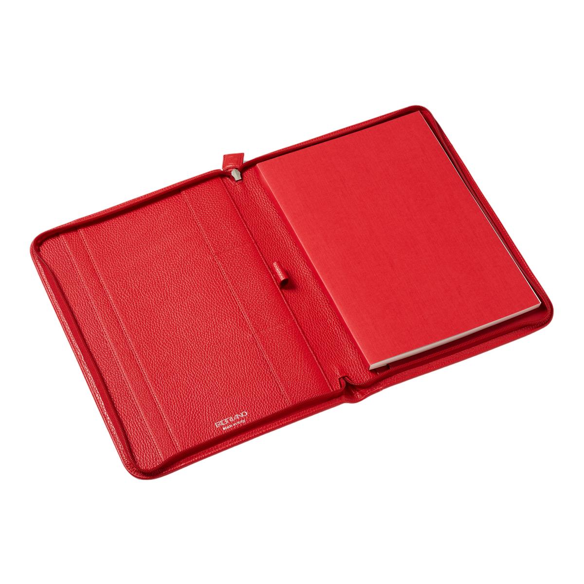 Capa em Pele Vermelho com Bolsos Interiores e Fecho de Correr. Inclui Bloco de Notas A5 Fabriano Vermelho-3