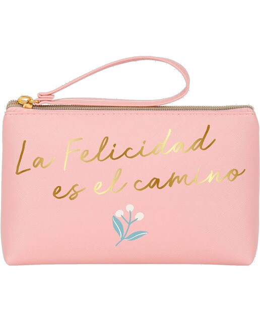 Estojo Simples Grande com Fecho de Correr A Felicidade - Rosa Rosa / Dourado-1