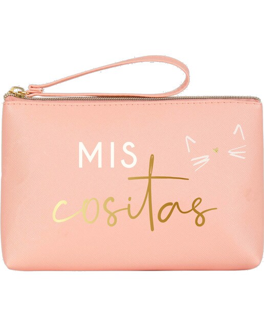 Estojo Simples Grande com Fecho de Correr Mis Cositas - Rosa Rosa / Dourado-1