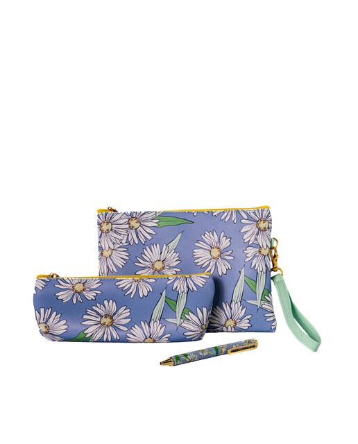 Conjunto de Estojos e Esferográfica Margaridas - Azul/Multicolor Azul / Multicolor-1
