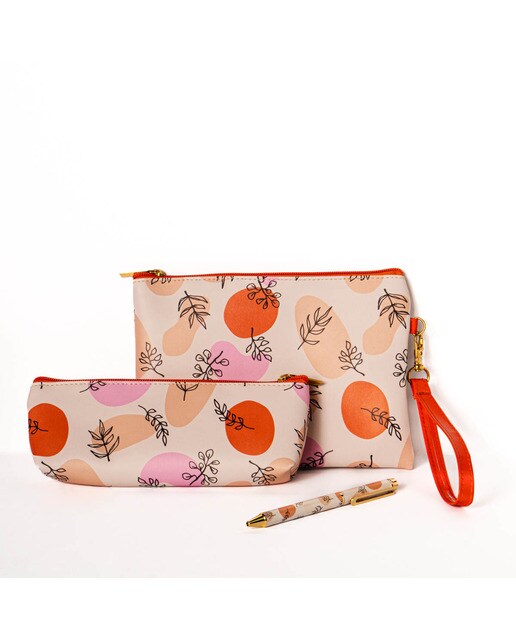 Conjunto de Estojos e Esferográfica Folhas - Laranja/Multicolor Laranja / Multicolor-1