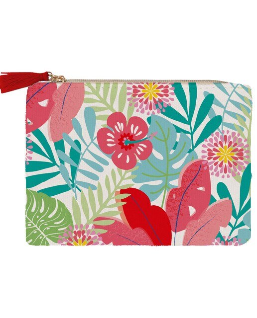 Porta moedas algodão flores tropicais Draeger tons rosa e verde Branco-1