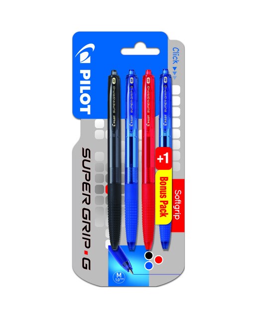 3 Canetas Esferográficas Super Grip Pilot - Preto/Azul/Vermelho + Azul Grátis 1