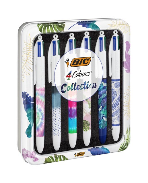 Bolígrafos Caja Metálica de Seis 4Colores  Collection con Diseños Botanical y Tie Dye Bic 1