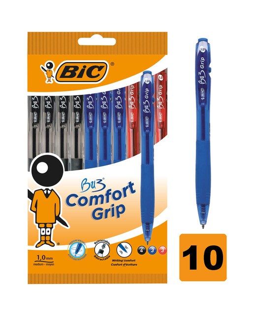 Bolígrafos Retráctiles BU3 Grip Colores Bic Azul, Negro y Rojo Multicolor-1