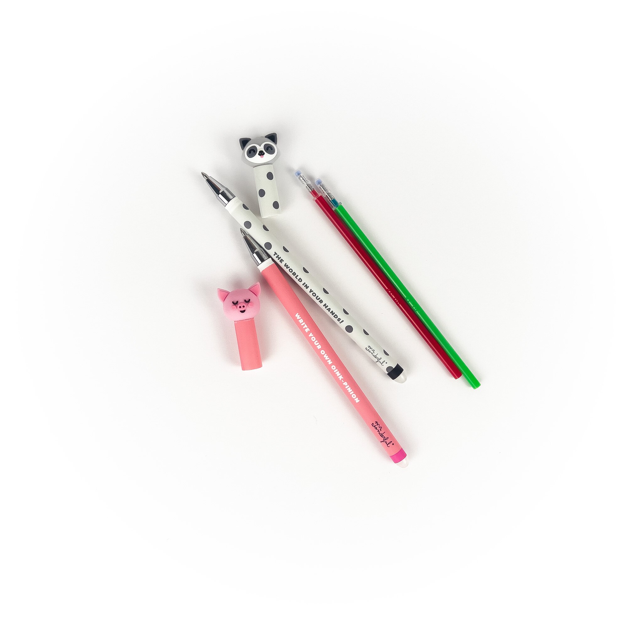 Conjunto de 2 canetas apagáveis Bo-Bo + 2 recargas de tinta Mr Wonderful: Porquinho + Guaxinim 2