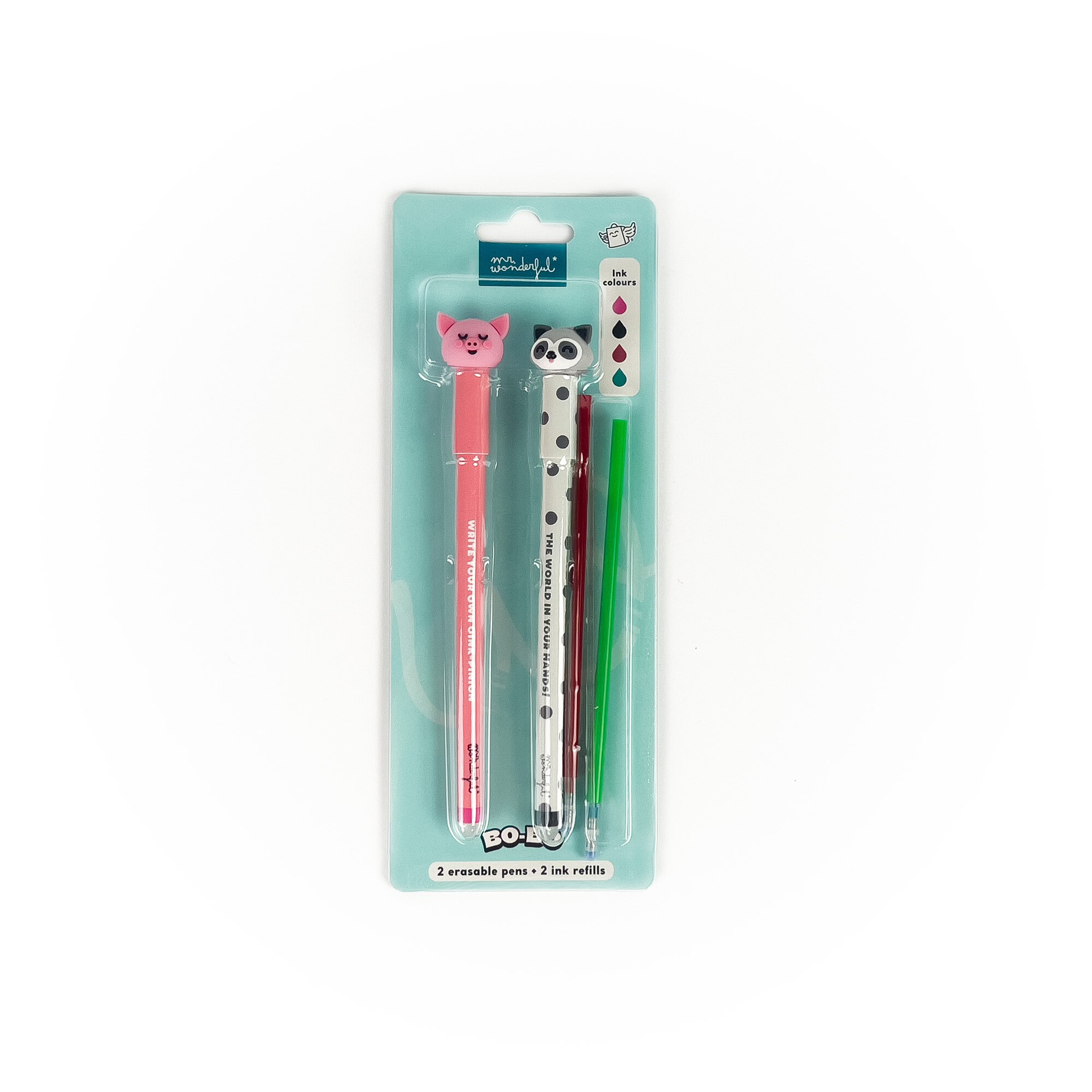 Conjunto de 2 canetas apagáveis Bo-Bo + 2 recargas de tinta Mr Wonderful: Porquinho + Guaxinim 3