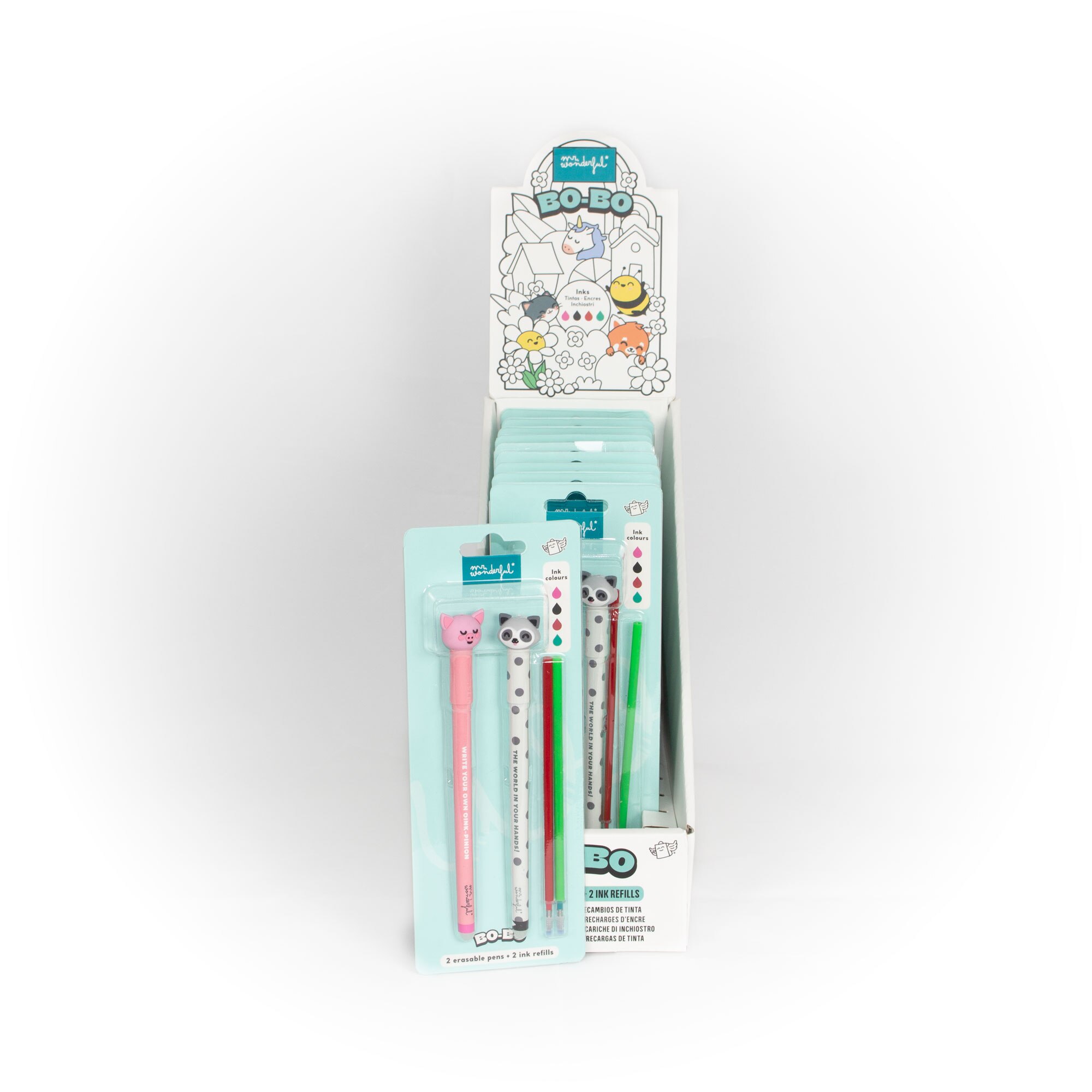 Conjunto de 2 canetas apagáveis Bo-Bo + 2 recargas de tinta Mr Wonderful: Porquinho + Guaxinim 4