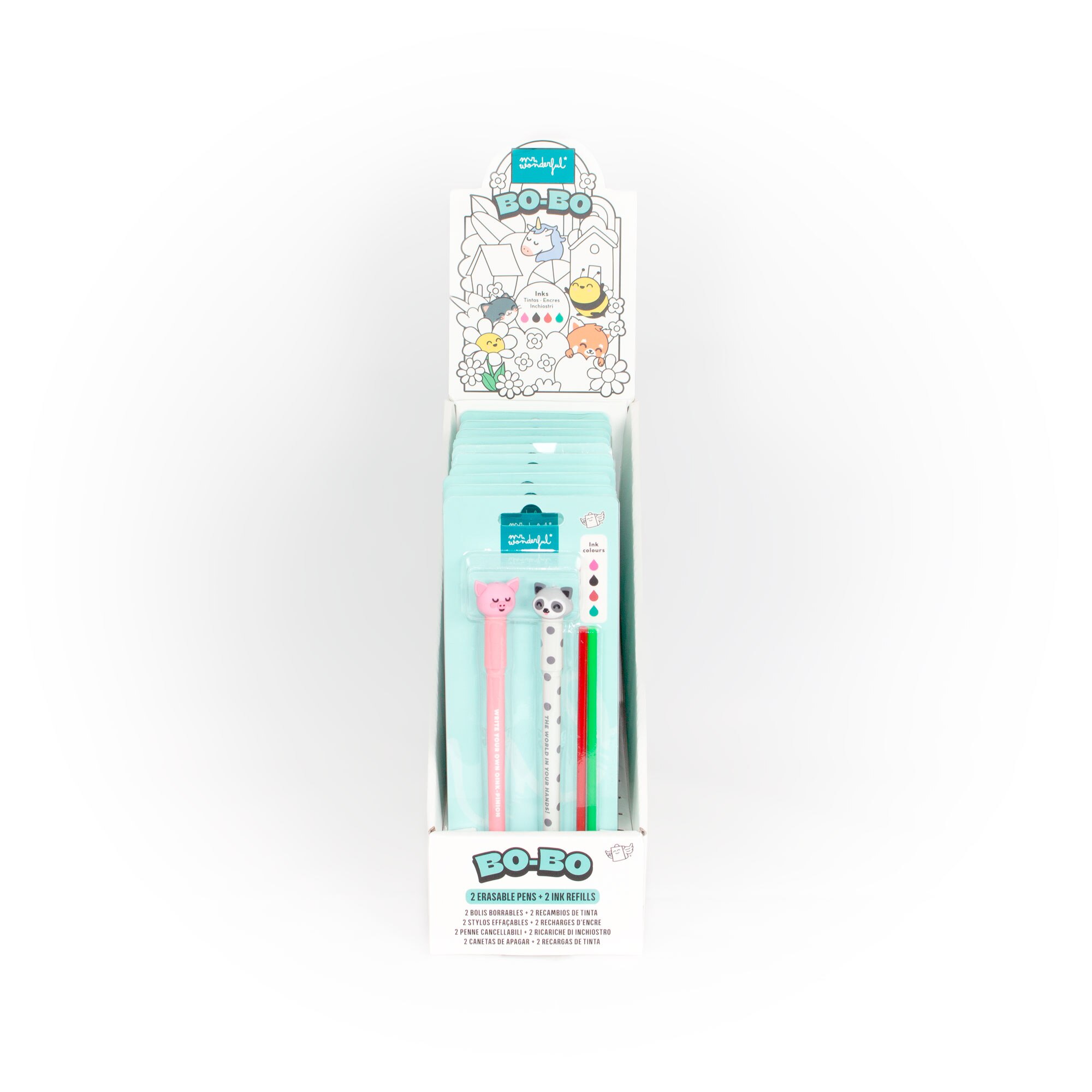 Conjunto de 2 canetas apagáveis Bo-Bo + 2 recargas de tinta Mr Wonderful: Porquinho + Guaxinim 5