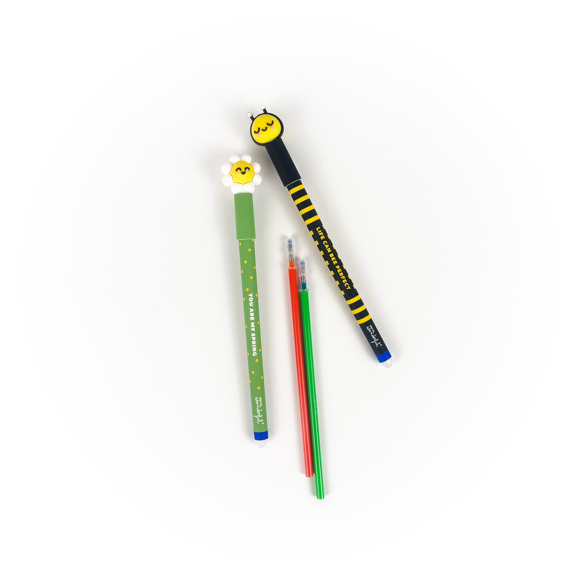 Set de 2 bolis borrables Bo-Bo + 2 recambios de tinta Mr Wonderful: Abeja + Margarita. 2