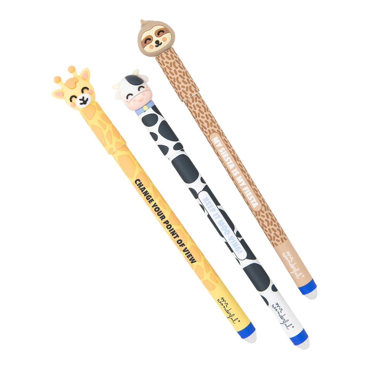 Imagem 0 de Conjunto de 3 canetas Mr Wonderful apagáveis BoBo com estampado animal Girafa, Vaca e Preguiça.