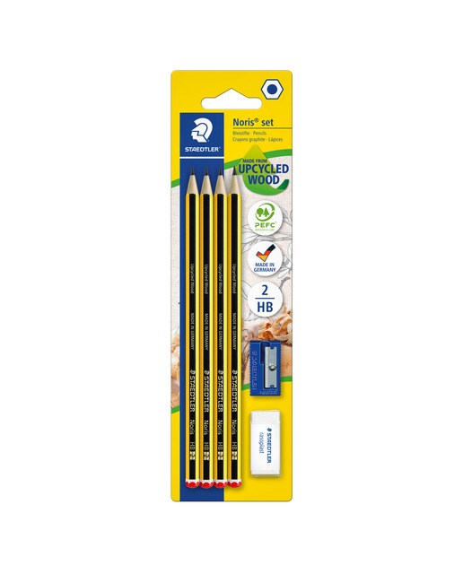Imagen 0 de Set de 4 Lápices de Grafito Nº2 HB con Afilalápices y Goma de Borrar Noris Staedtler negro y amarillo