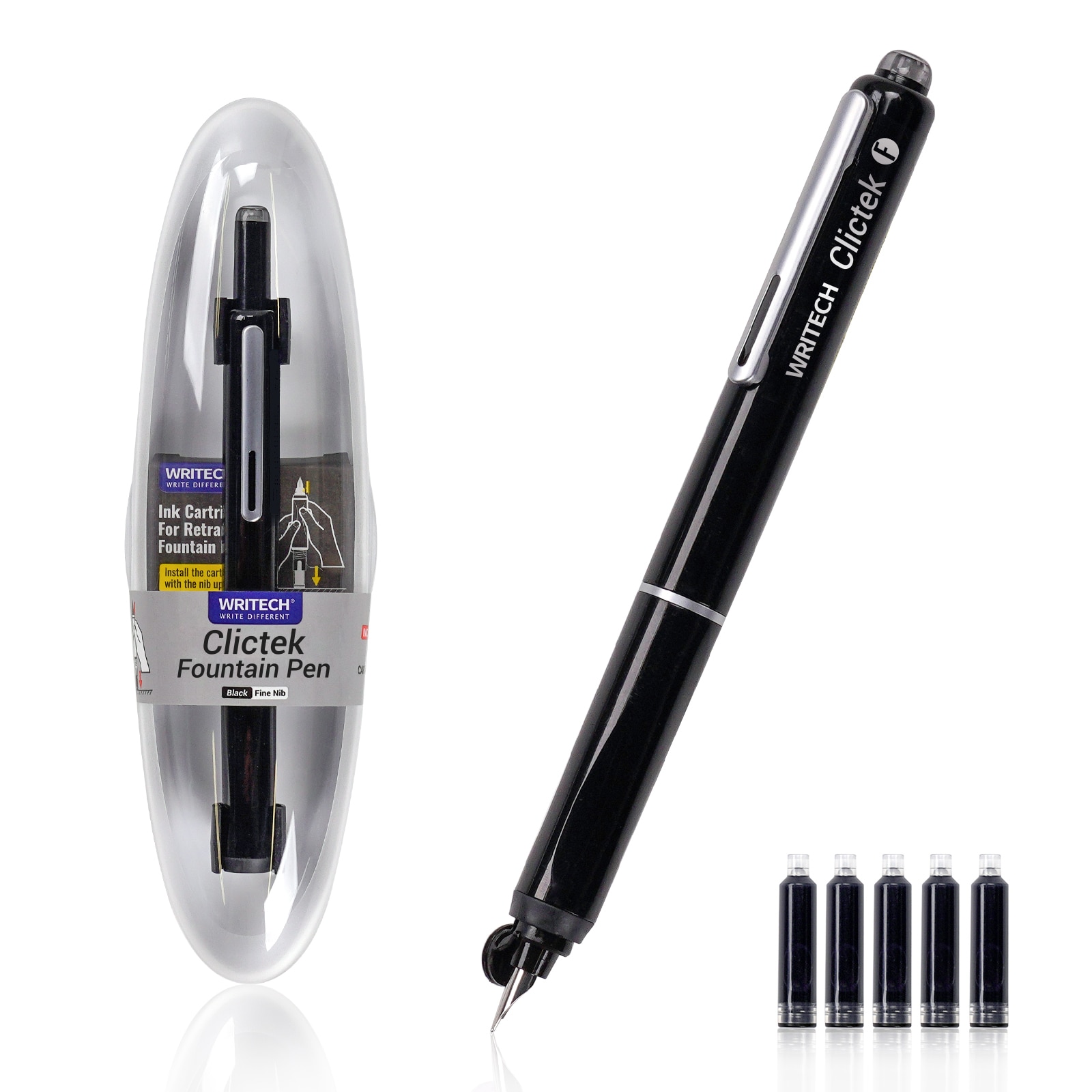 Imagen 0 de Pluma rectráctil + cartucho punta fina writech negra escritura azul