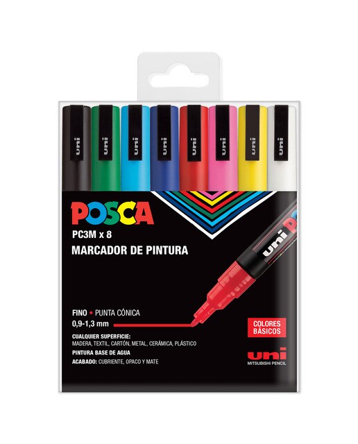 Pack 8 Unidades de Marcadores de Pintura Base al Agua 0,9-1,3 mm. PC3M Uni Posca Multicolor Multicolor-1