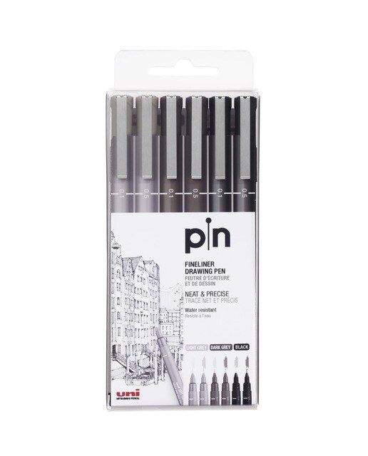 Estuche 6 Piezas Rotulador Calibrado Uni Pin Negro y Gris Multicolor-1