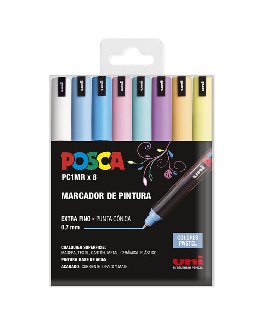 Pack con 8 marcadores de pintura base al agua 0,7 mm. PC1MR Uni Posca colores pastel Multicolor-1