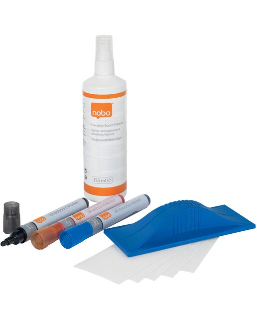 Imagem 0 de Kit inicial para quadro branco Nobo (contém 3 marcadores, um apagador, recargas de apagador e um spray de limpeza de 125 ml) - apresentação em blister