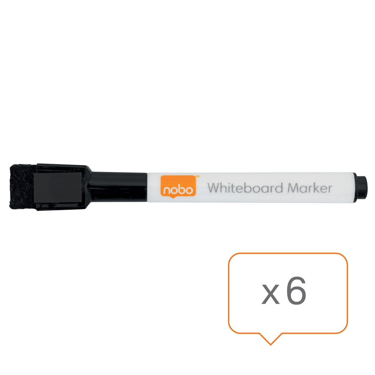 Mini rotulador para pizarra blanca Nobo con borrador en la tapa magnética, paquete de 6, negro Negro-3