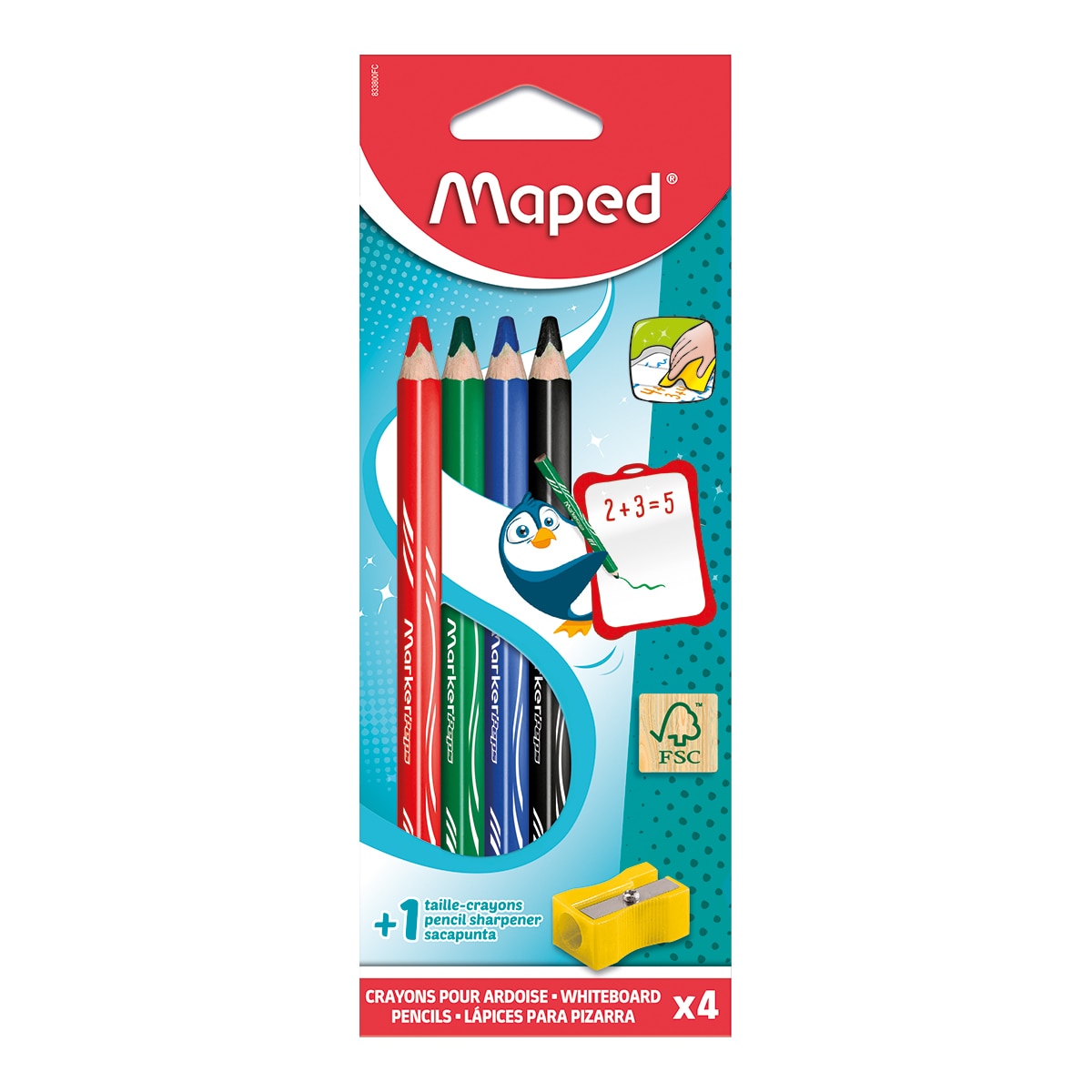 Imagen 0 de Lápices de madera para pizarra con borrado en seco x4 + sacapuntas, Maped, multicolor.