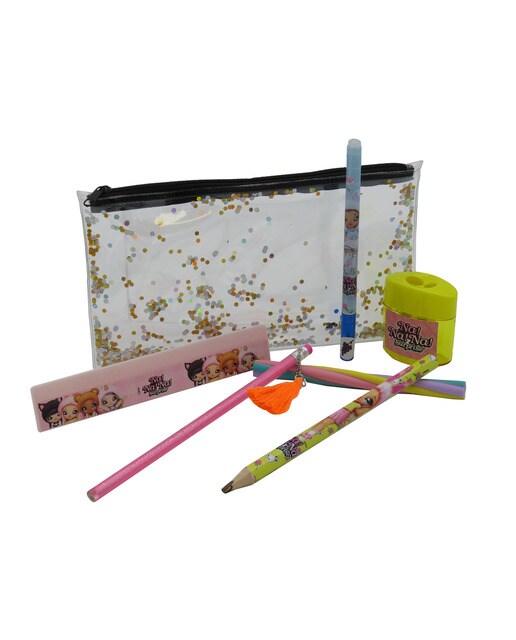 Conjunto Estojo Simples com Acessórios de Papelaria Nanana - Rosa Multicolor Preto-6